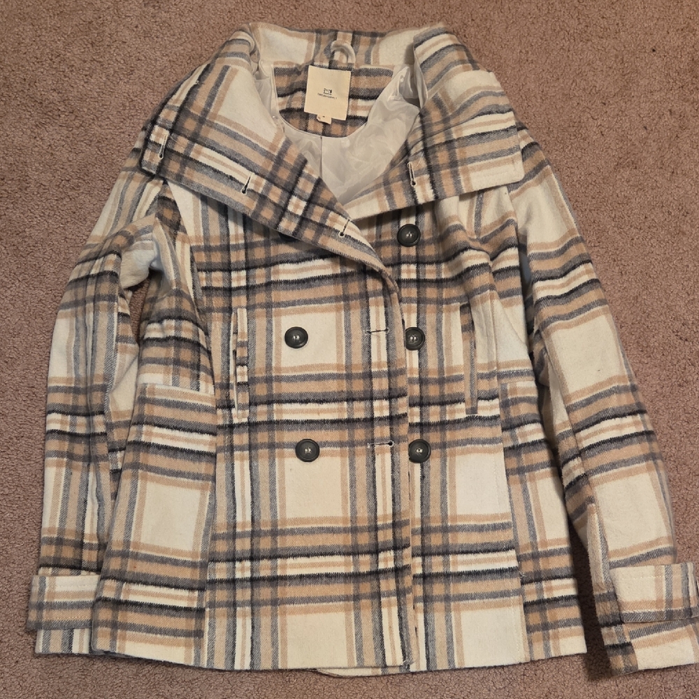 Thread & Supply Beige and Navy Plaid Pea Coat - Picture 1 of 3